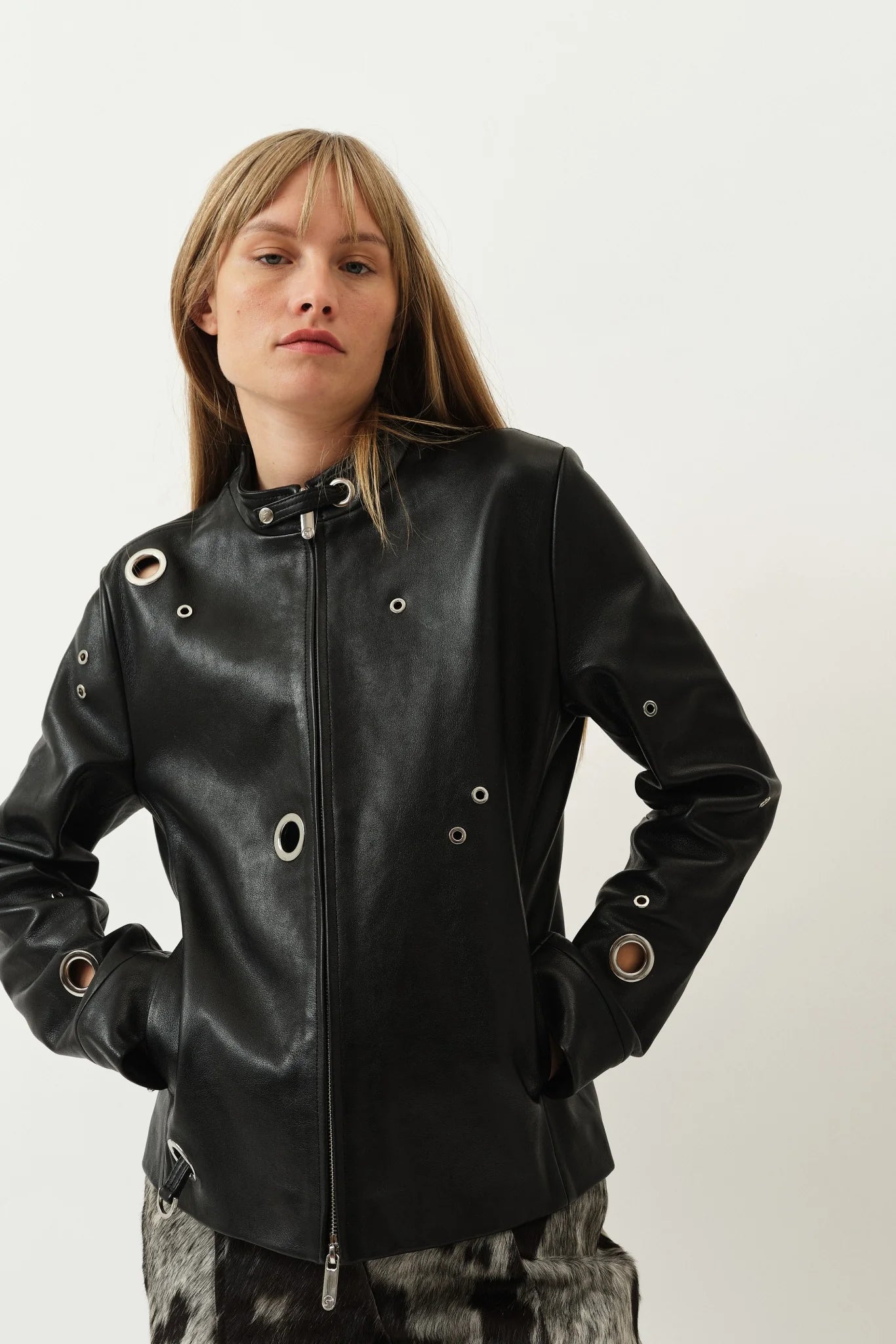 SAKS POTTS LEATHER METAL EYELETS JACKET BLACK
